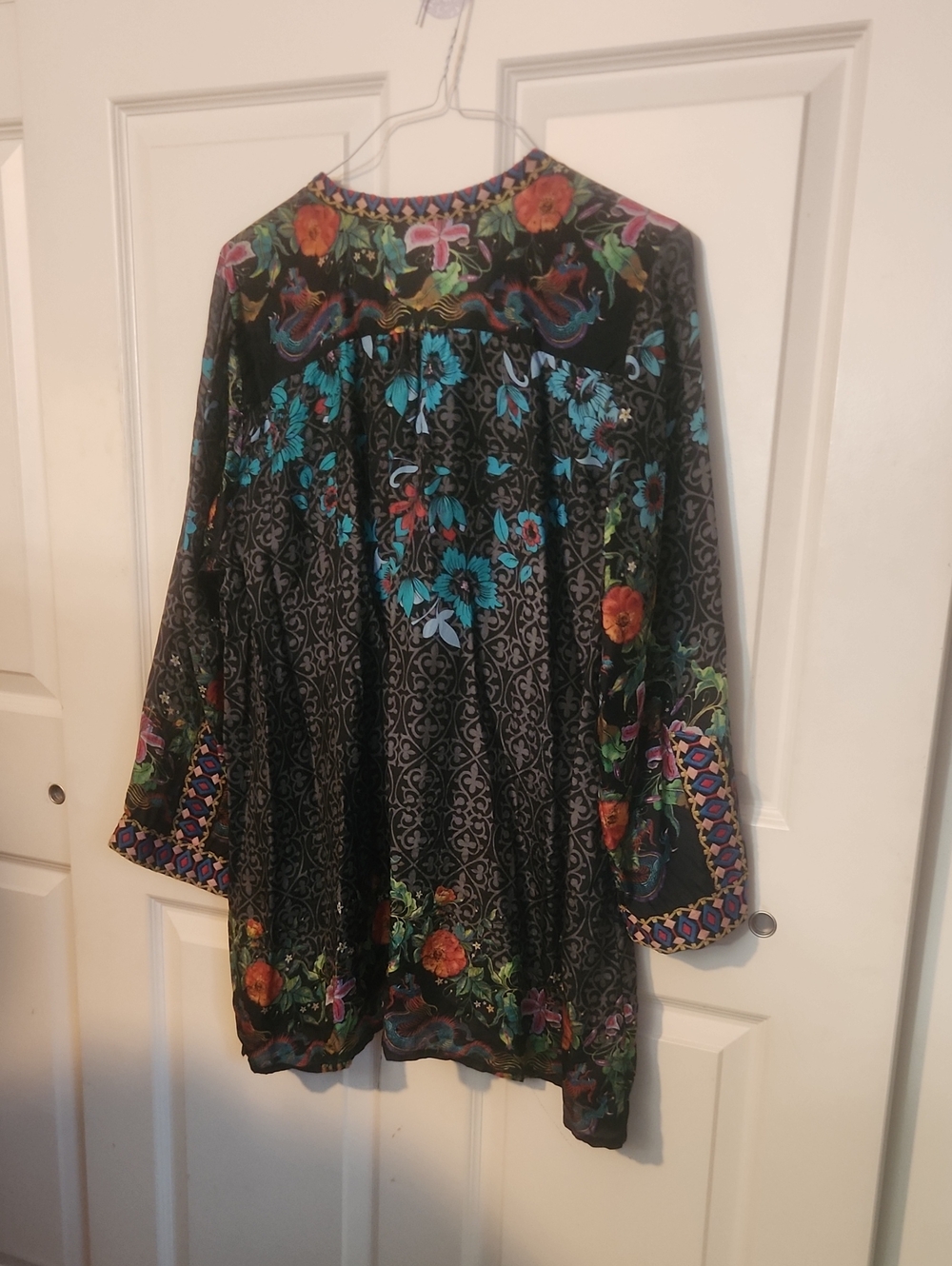 Johnny Was Kennedy Floral Silk Embroidered Tunic Top XL